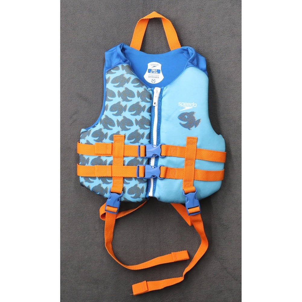 Speedo Life Vest Kids 30-50 lbs Blue Good USCG Approved Type III PFD Fish Print